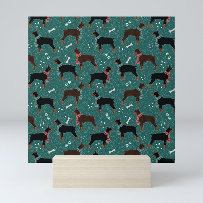Dobermans in Winter Scarves Pattern, Dark Green Mini Art Print