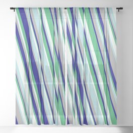 [ Thumbnail: Eye-catching Powder Blue, Dark Gray, Blue, Sea Green & Mint Cream Colored Striped Pattern Sheer Curtain ]