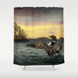 Common Loon spreading wings on a Northern Lake Shower Curtain