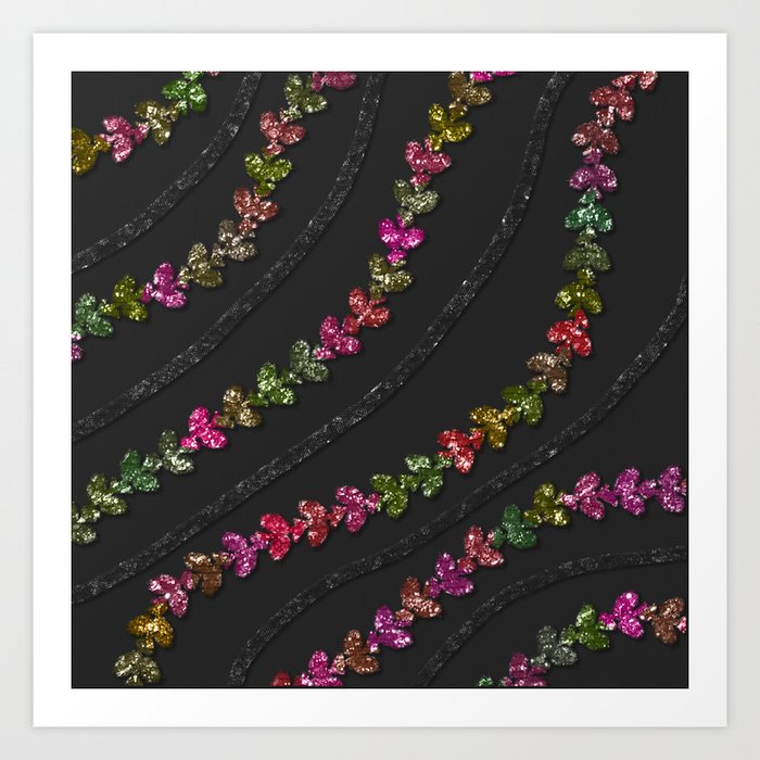 Glittery Colorful Vines With  Black Glitzy Gauzy Ornaments Art Print