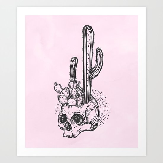 Cactus Skull Black on Pink Art Print