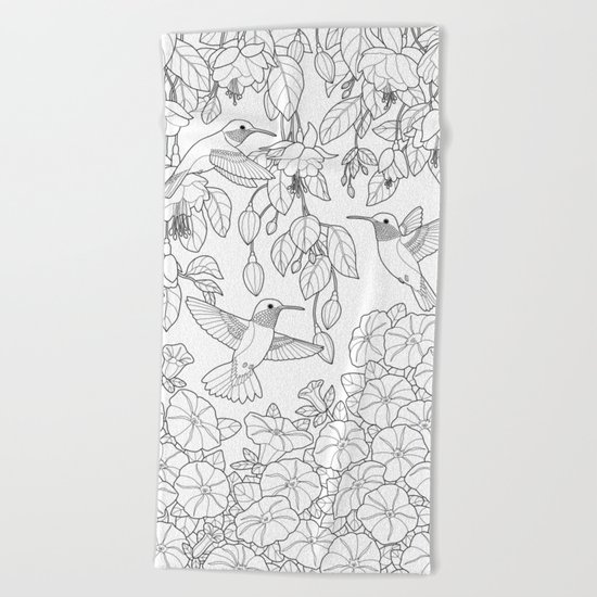 Hummingbirds and Flowers Coloring Page Beach Towel