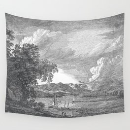 Hudson River and Catskills, Graphite and Crisp White Wall Tapestry