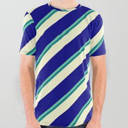 [ Thumbnail: Aquamarine, Teal, Light Yellow & Blue Colored Lines Pattern All Over Graphic Tee ]
