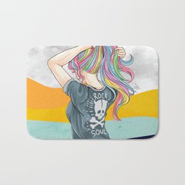 Hand drawn girl unicorn with rock and roll t-shirt style and hair in rainbow colors Bath Mat | Sexy Lady, Abstract, Lines, Beautiful Girl, Fashion, Waves, Line Art, Shapes, Young Woman, Sunset 