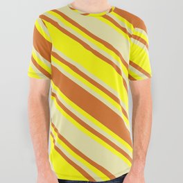 [ Thumbnail: Pale Goldenrod, Chocolate, and Yellow Colored Lined/Striped Pattern All Over Graphic Tee ]