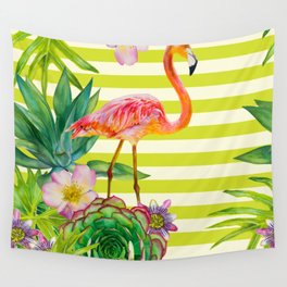 seamless pattern with pink flamingo and exotic tropical plants on a striped background Wall Tapestry
