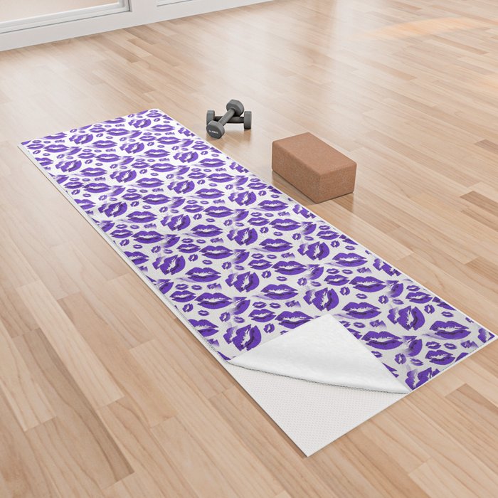 Two Kisses Collided Midnight Blue Lips Pattern On White Background Yoga Towel