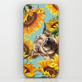 Highland Cow with Sunflowers in Blue iPhone Skin