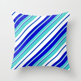 [ Thumbnail: Turquoise, White, and Blue Colored Striped/Lined Pattern Throw Pillow ]