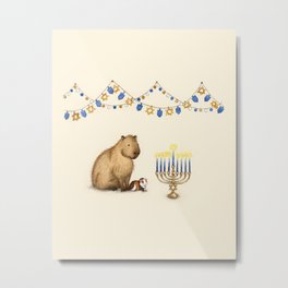 Capy Hanukkah - Capybara and Menorah Metal Print | Curated, Chanukahcard, Hanukkahdecoration, Happyhanukkah, Capybaraart, Starofdavid, Yarmulke, Illustration, Hanukkah, Chanukah 