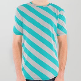 [ Thumbnail: Dark Turquoise and Light Grey Colored Stripes/Lines Pattern All Over Graphic Tee ]