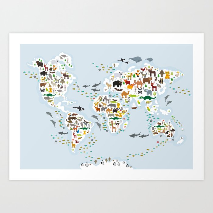Cartoon animal world map for children and kids, Animals from all over the world, back to school Kunstdrucke
