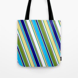 [ Thumbnail: Eyecatching Green, Deep Sky Blue, White, Blue, and Tan Colored Stripes/Lines Pattern Tote Bag ]