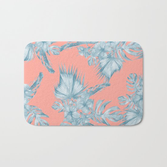 Dreaming of Hawaii Pale Teal Blue on Coral Pink Bath Mat