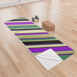 [ Thumbnail: Colorful Sea Green, Pale Goldenrod, Dark Khaki, Black & Dark Violet Colored Lined Pattern Yoga Towel ]