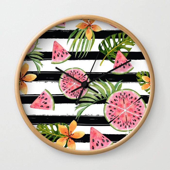 Watermelon black stripes Wall Clock