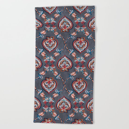 Floral Ogees in Red & Blue on Grey Beach Towel