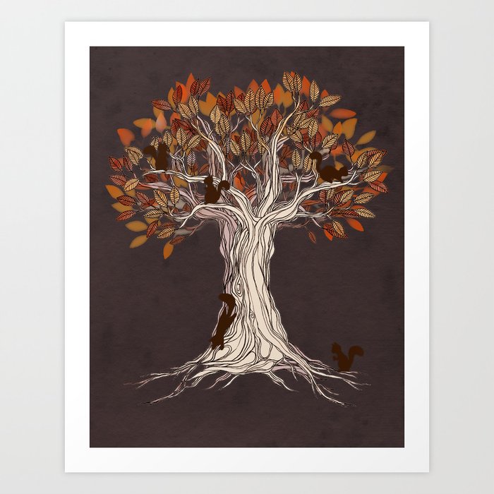 Little Visitors - Autumn tree illustration with squirrels Art Print