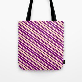 [ Thumbnail: Purple & Tan Colored Lines/Stripes Pattern Tote Bag ]