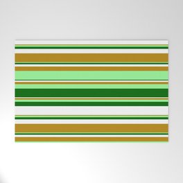 [ Thumbnail: Dark Goldenrod, Green, Dark Green, and White Colored Stripes Pattern Welcome Mat ]