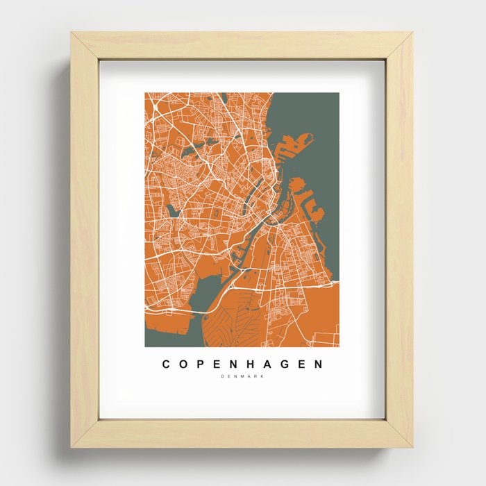 Copenhagen Map | Denmark | Coffee & Green Colors | More Review the Collections Recessed Framed Print by Urban Maps | Society6