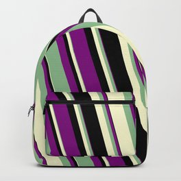 [ Thumbnail: Purple, Dark Sea Green, Light Yellow & Black Colored Lines/Stripes Pattern Backpack ]