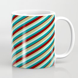 [ Thumbnail: Dark Khaki, Turquoise, Teal, and Maroon Colored Lines/Stripes Pattern Coffee Mug ]