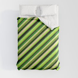 [ Thumbnail: Vibrant Tan, Light Green, Green, Black & Forest Green Colored Pattern of Stripes Comforter ]