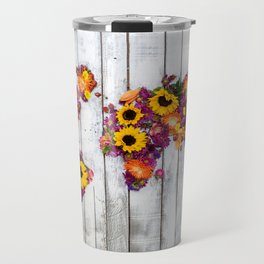 French Floral Bouquet on Rustic Upcycled Palette Wood World Map Art Travel Mug