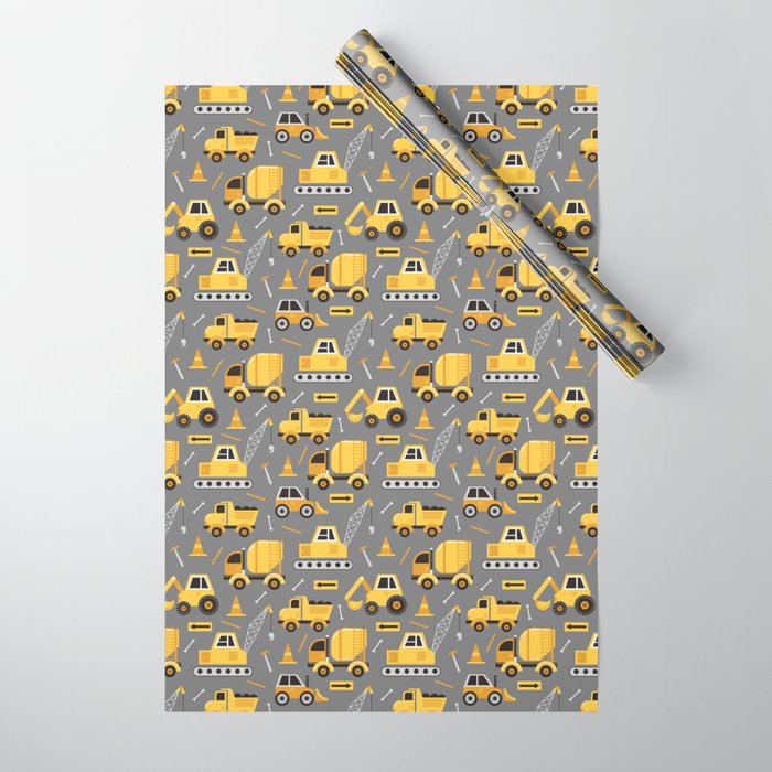 Construction Trucks on Gray Wrapping Paper by Lathe and Quill