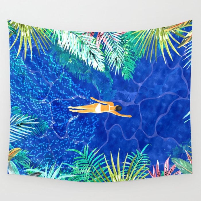 Tropical Jungle Pool | Forest Pop of Color Botanical | Travel Wild Plants Eclectic Watercolor Swim  Wall Tapestry