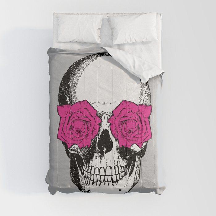 Skull and Roses | Skull and Flowers | Vintage Skull | Grey and Pink | Comforter
