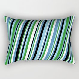 [ Thumbnail: Eye-catching Sky Blue, Forest Green, White, Blue & Black Colored Lined Pattern Rectangular Pillow ]