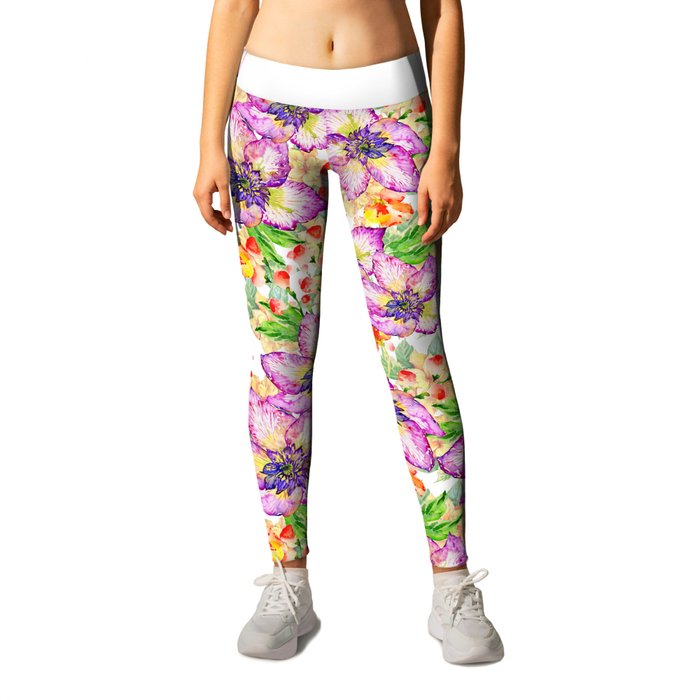 Hand painted modern pink lilac watercolor hibiscus floral pattern Leggings