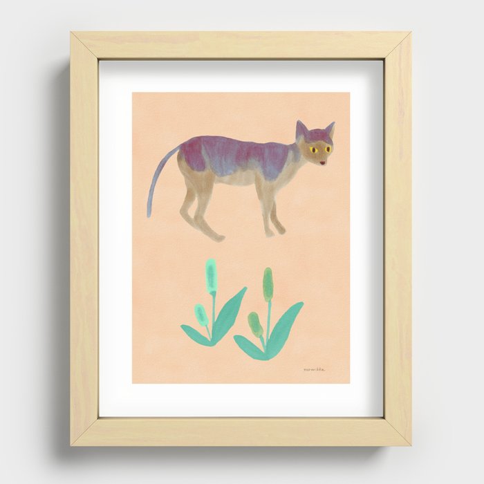 Bold Cat and Grass - Red and Pink Recessed Framed Print