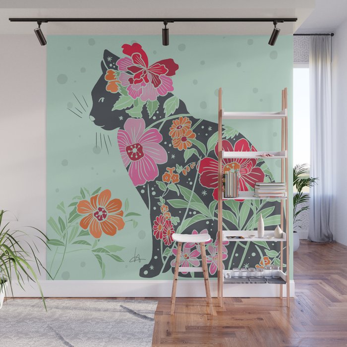 Colorful Flower Cat dark grey on mint with pink, red and orange flowers Wall Mural