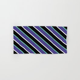 [ Thumbnail: Aquamarine, Dark Slate Blue, White, and Black Colored Striped/Lined Pattern Hand & Bath Towel ]