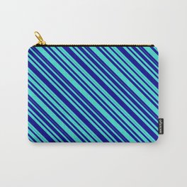 [ Thumbnail: Turquoise and Dark Blue Colored Lined/Striped Pattern Carry-All Pouch ]
