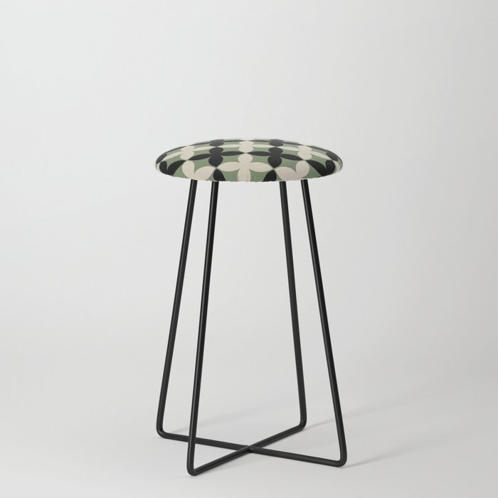 Geometric Flower Pattern 933 Sage Green Black and Beige Counter Stool