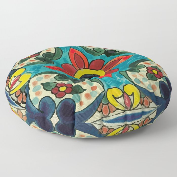 Colorful flower bouquet mexican tile floral pattern Floor Pillow