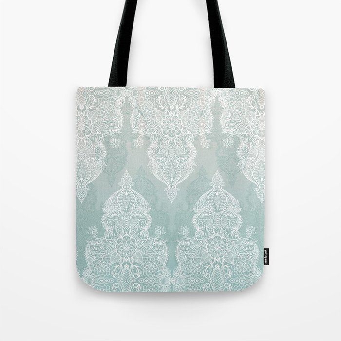 Lace & Shadows - soft sage grey & white Moroccan doodle Tote Bag