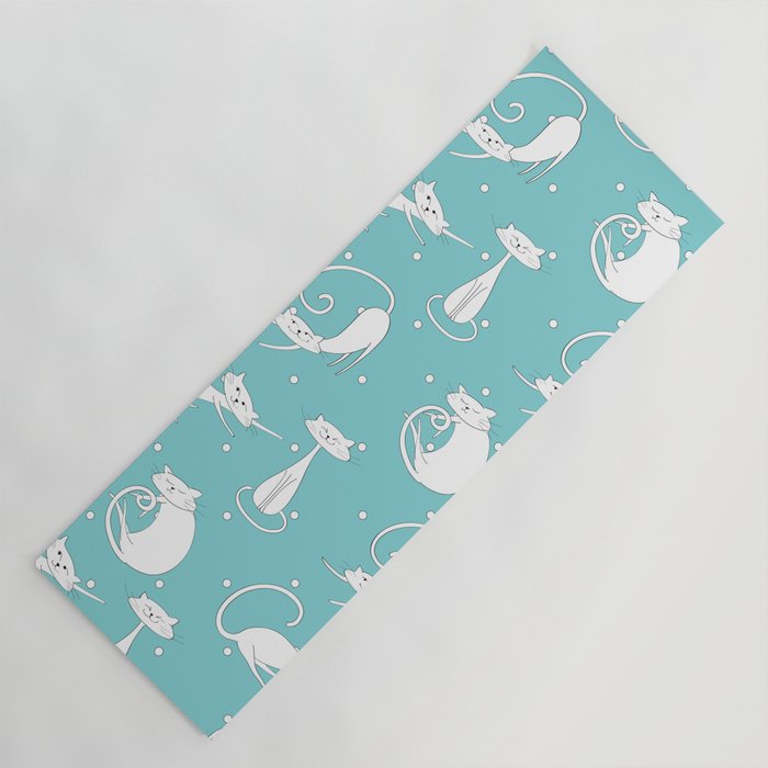 White Cats on blue background with polka dots Yoga Mat