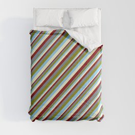 [ Thumbnail: Maroon, Slate Gray, Green, Light Sky Blue, and Light Yellow Colored Stripes/Lines Pattern Comforter ]