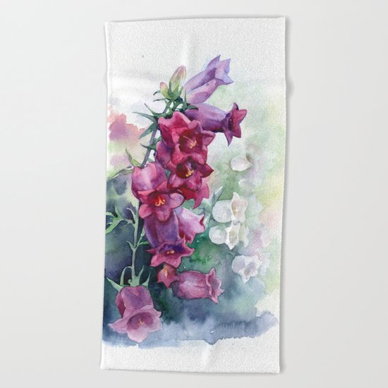 Campanula watercolor flowers aquarelle bellflowers Beach Towel