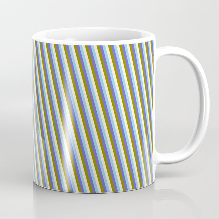 Sky Blue, Slate Blue, Green, and Beige Colored Striped Pattern Coffee Mug