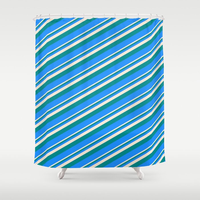 Beige, Dark Cyan, and Blue Colored Lined Pattern Shower Curtain