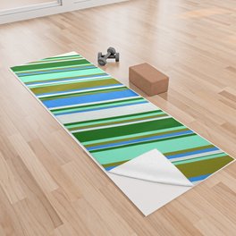 [ Thumbnail: Aquamarine, Green, Blue, Mint Cream, and Dark Green Colored Lined/Striped Pattern Yoga Towel ]