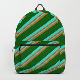 [ Thumbnail: Turquoise, Chocolate & Dark Green Colored Stripes Pattern Backpack ]