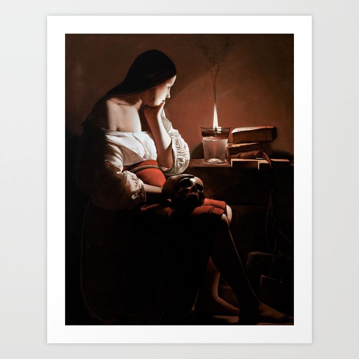 Magdalen with the Smoking Flame female staring at flame with skull of lover in hand portrait painting Art Print